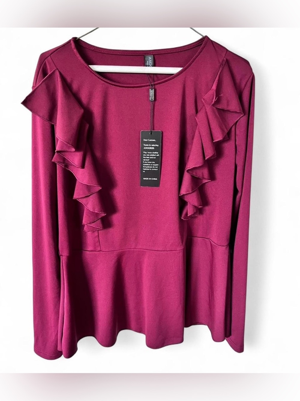 ANORAK NWT Women’s Ruffle-Front Long Sleeve Top — Berry Plum